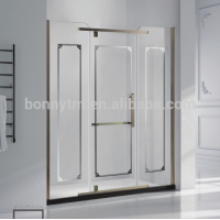 hotel use, prefab rain shower room straight line shape corner bath shower screen with classic brass plate